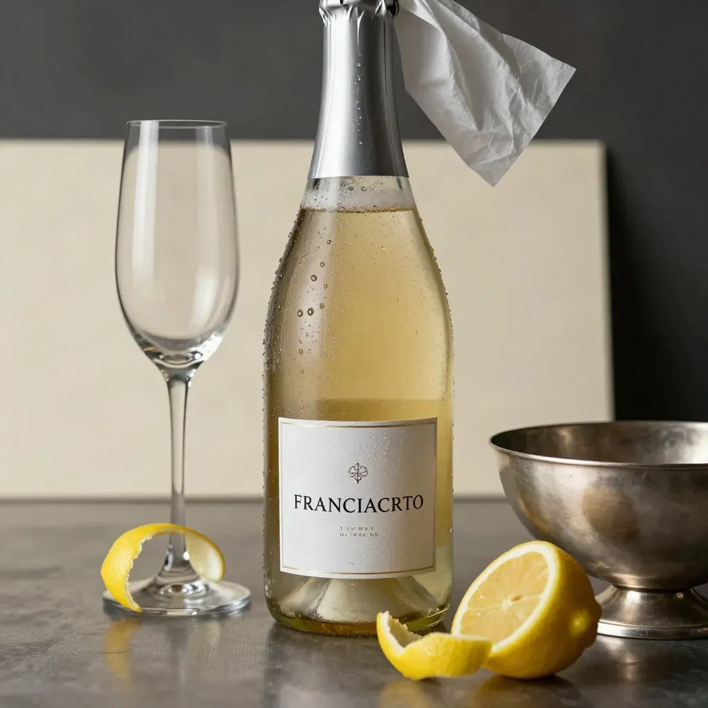 Bottiglia di Franciacorta con flute, scorza di limone e ciotola d’argento in luce radente.
