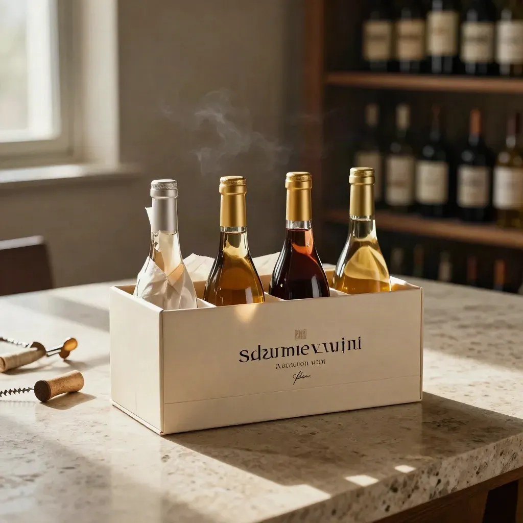 Un cofanetto degustazione con quattro bottiglie su tavolo in travertino, atmosfera elegante e calda.