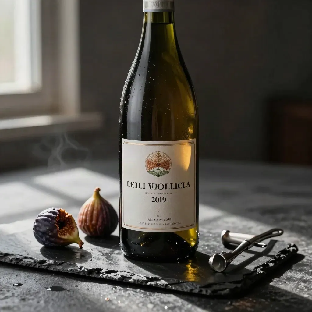 Bottiglia di Amarone senza etichetta su pietra bagnata con fichi secchi e cavatappi