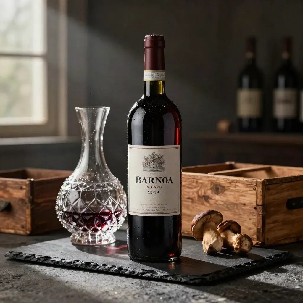 Bottiglia di Barolo, decanter di cristallo, sughero e porcini secchi in luce drammatica