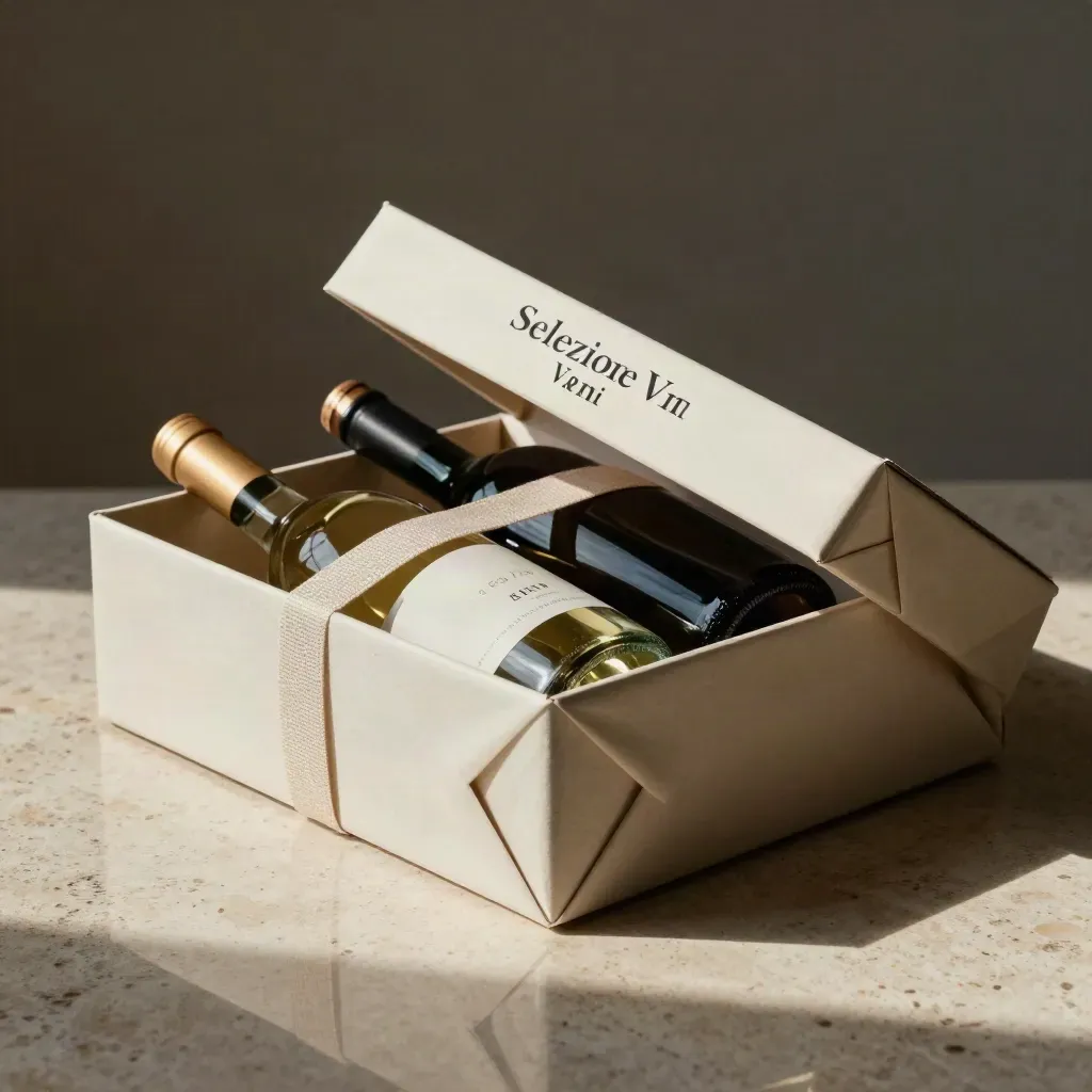Cofanetto vino aperto con bottiglie chiare e scure su travertino, luce drammatica