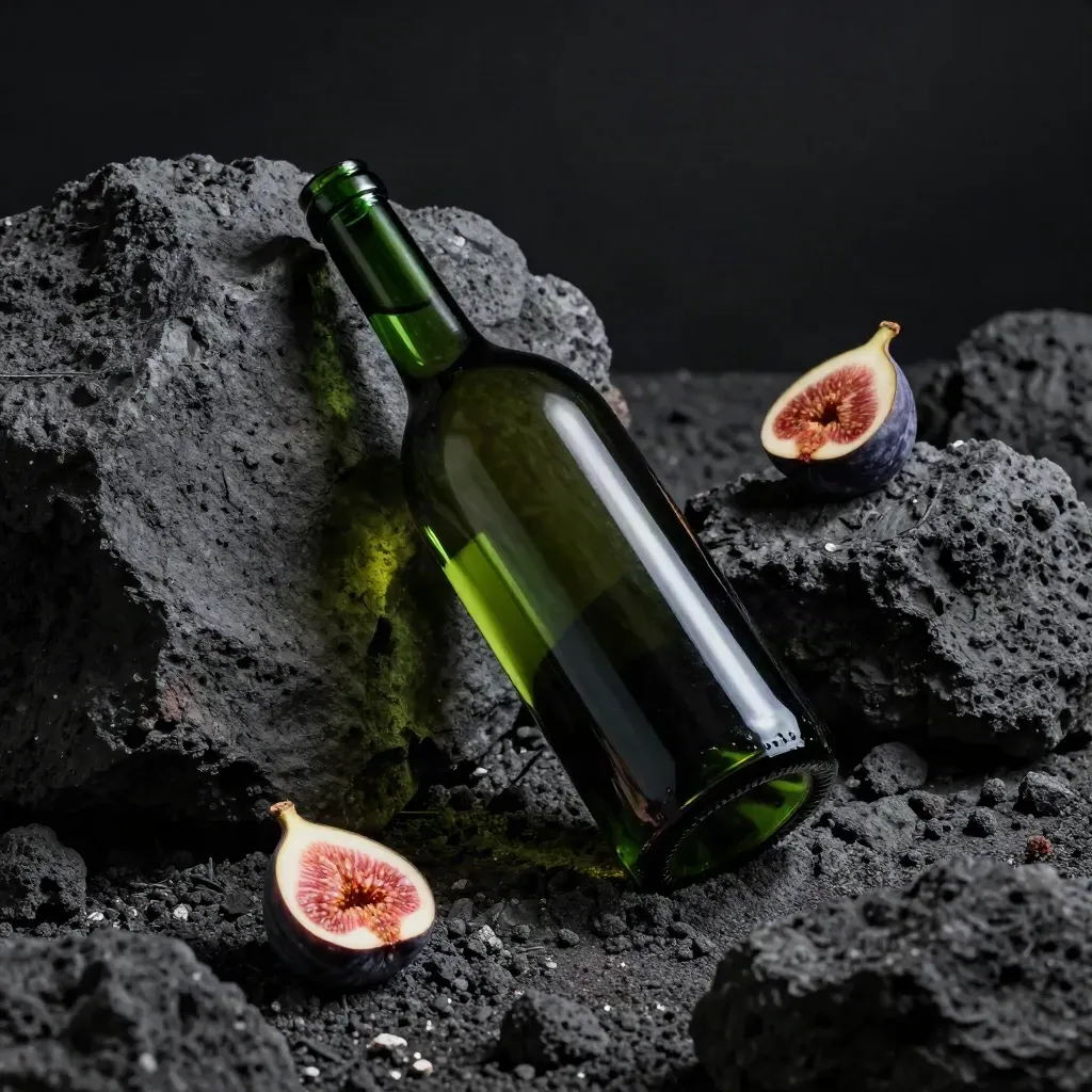 Bottiglia di Etna Rosso su basalto nero con cenere, fichi maturi e foschia fredda.