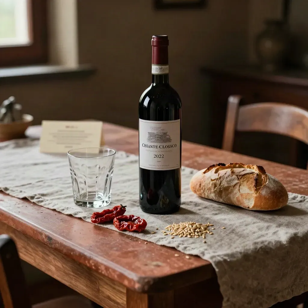 Bottiglia di Chianti Classico con fiaschetta, pane rustico, pomodori secchi e lino su tavolo toscano.