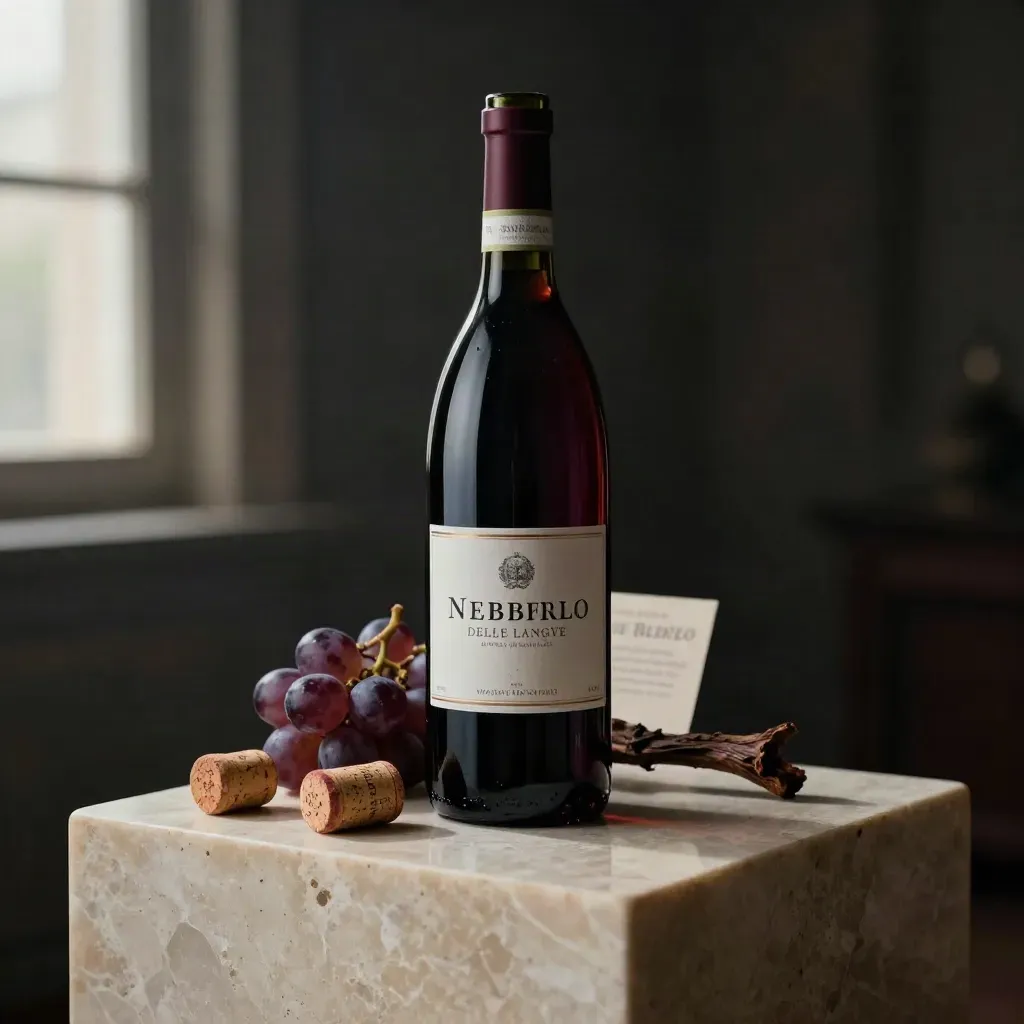 Bottiglia di Nebbiolo senza etichetta con uva appassita e due tappi su pietra chiara.