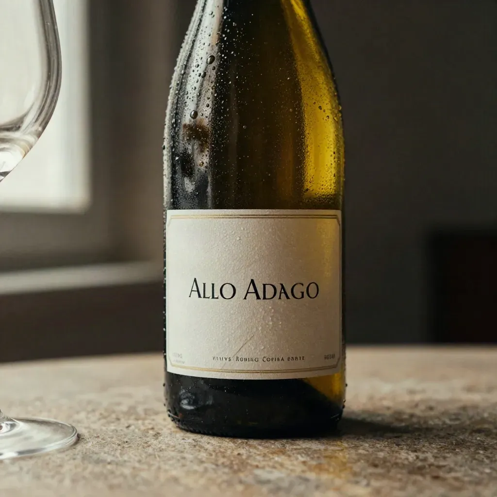 Bottiglia di Sauvignon, pietra chiara, erbe alpine e vetro bagnato in luce fresca.