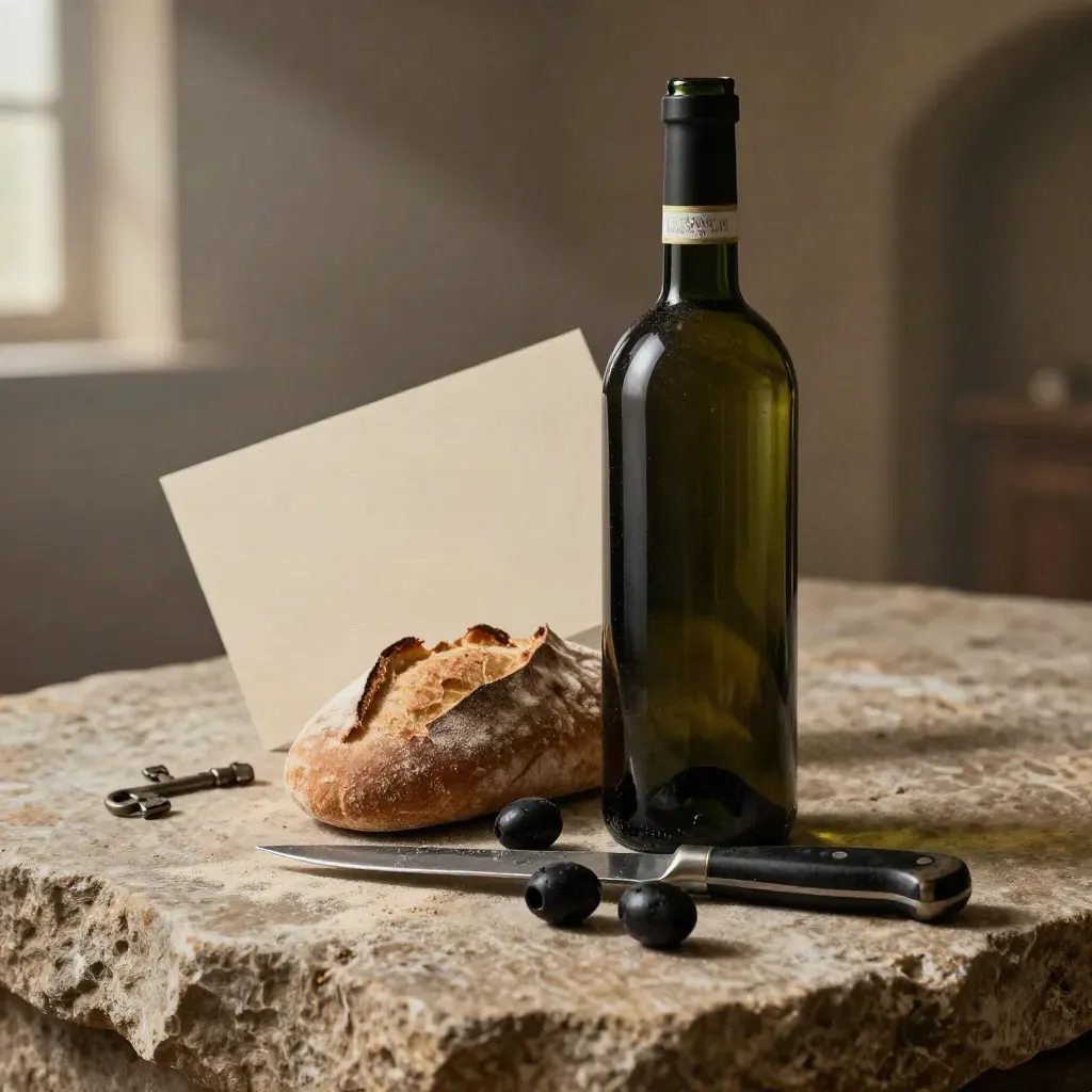 Bottiglia di Chianti Classico Riserva su pietra, pane, olive nere e coltello in luce drammatica
