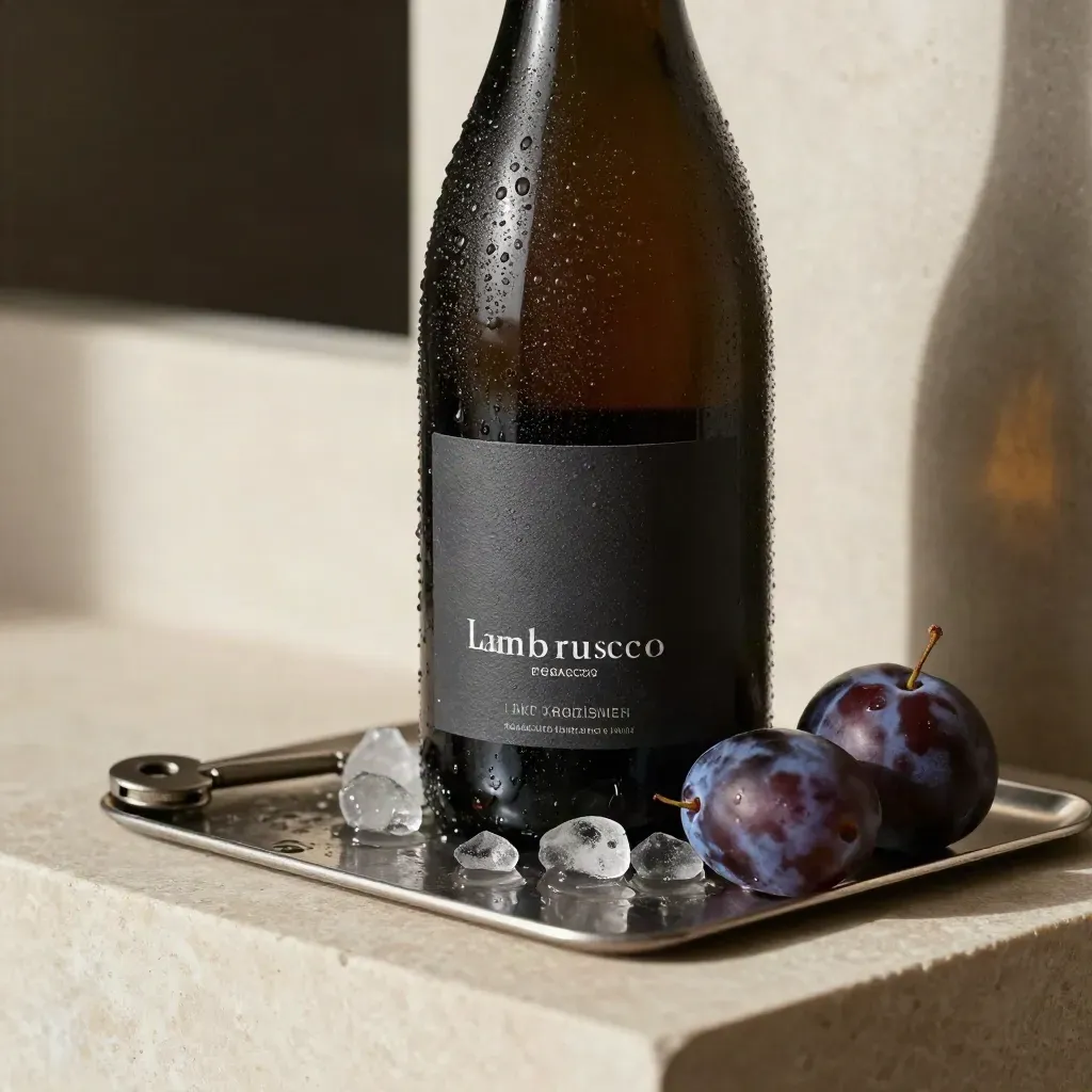 Bottiglia scura di Lambrusco tra ghiaccio, prugne acerbe e metallo freddo.