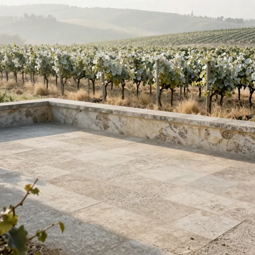Terrazza chiara su vigneto con colline lattiginose e foschia morbida.
